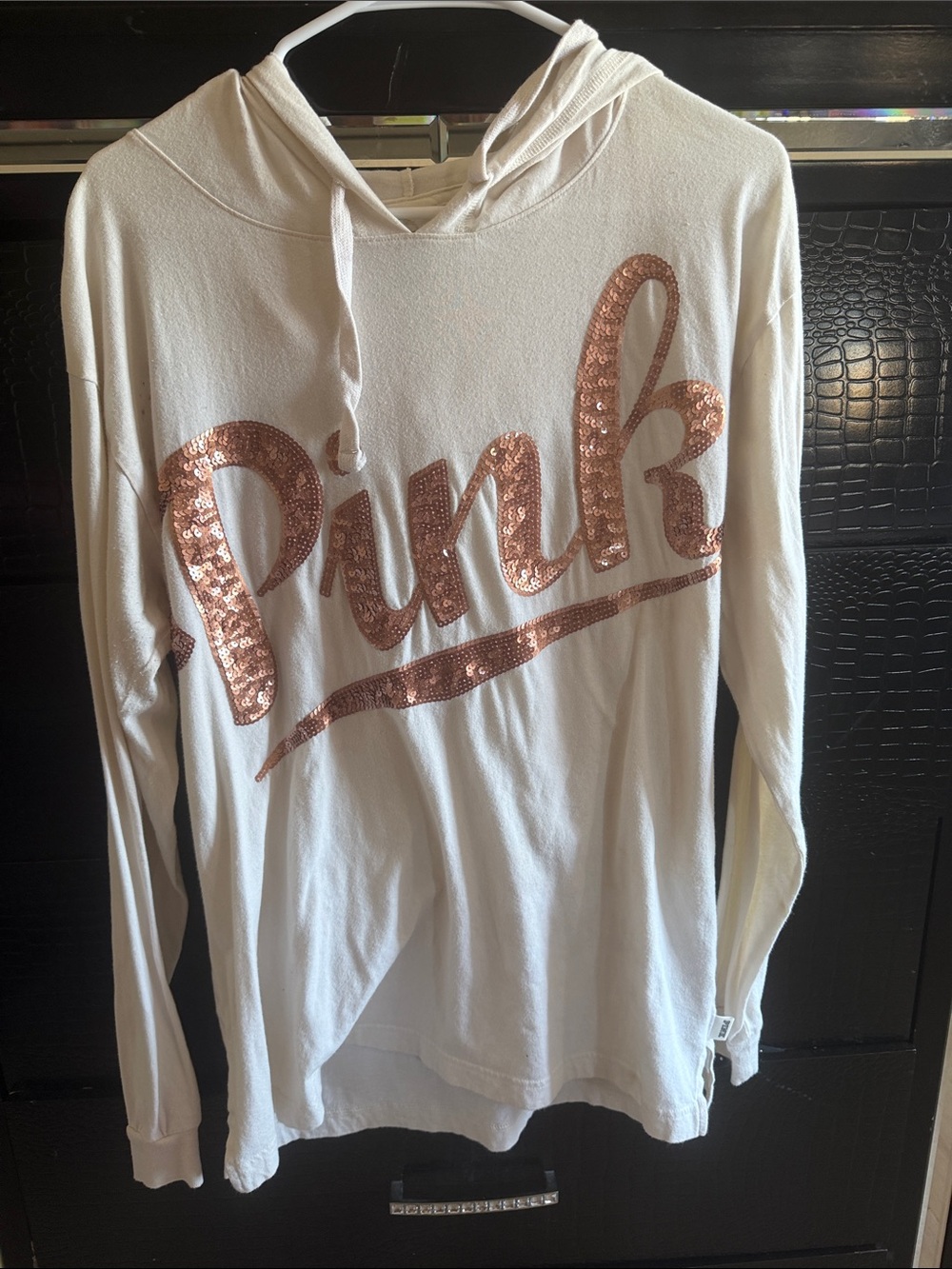 PINK Victoria's Secret White Hoodie with Rose Gold Sequin Logo